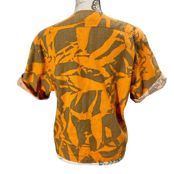 Vintage 90s TOTOnKO Orange Brown Cotton Linen Button-Up Boxy Top Campy Boho - Picture 2 of 9